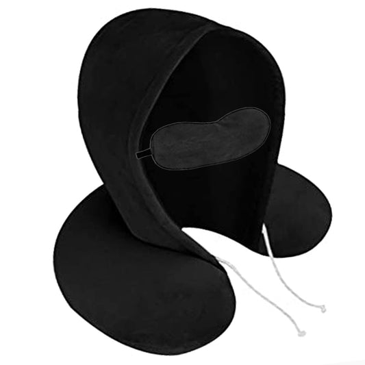 Unisex Comfortable Neck Travel Pillow with Sleeping Eye Mask-Black-Black